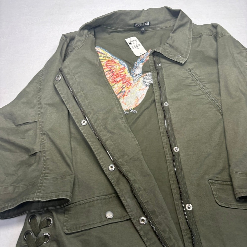 NWT Express Utility Jacket L Olive Green Embroidered Parrot Lace-Up Military New - Picture 4 of 8